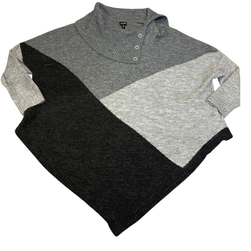 DB‎ Sunday Poncho Sweater Cowl Neck Gray Black Boho Asymmetrical layer Goth
